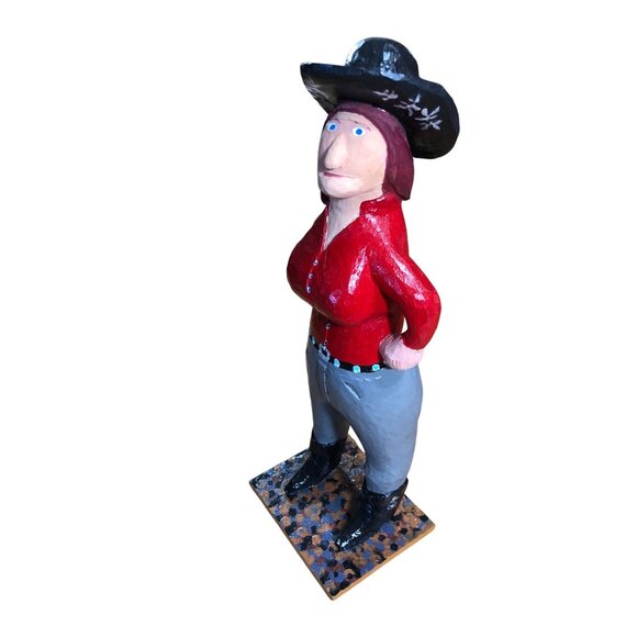 Folk Art Hand Carved Wooden Cowgirl Woman Figurine Western Black Hat Handmade - Picture 9 of 14